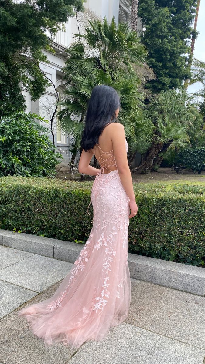 Pink Mermaid Lace Tulle Prom Dress Lace-up Back Evening Dress - VelvetHem