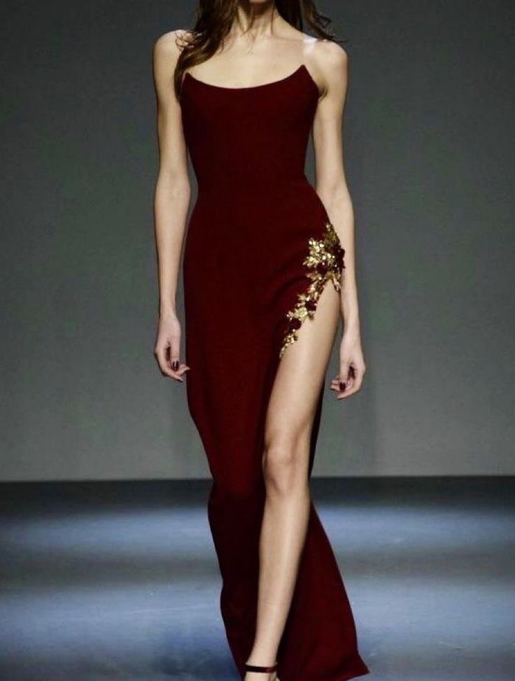 Unique Burgundy Strapless Satin Sheath Slit Evening Dress Prom Dress With Appliques - VelvetHem