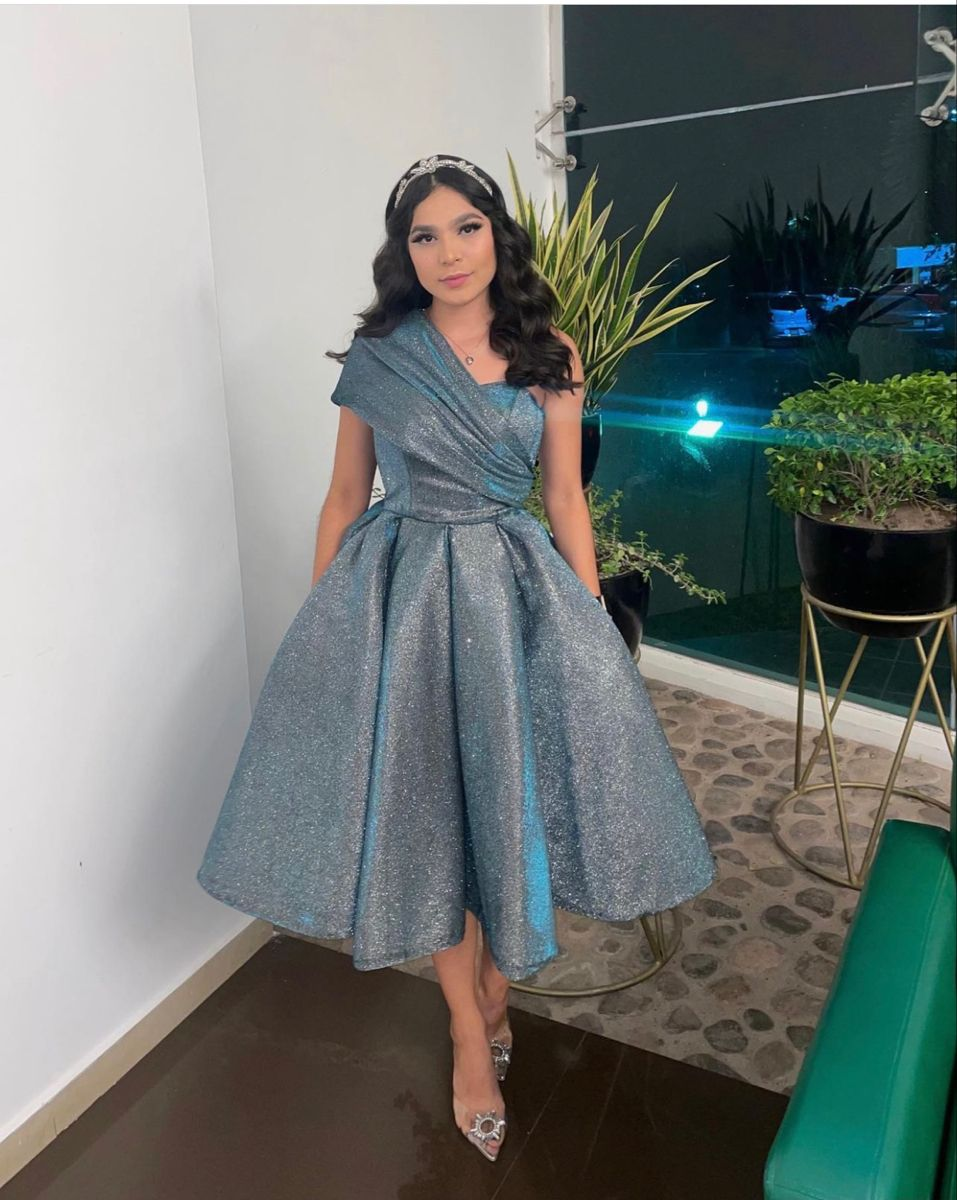 Shiny Blue One Shoulder Midi-length Evening Dress Y4970 - VelvetHem