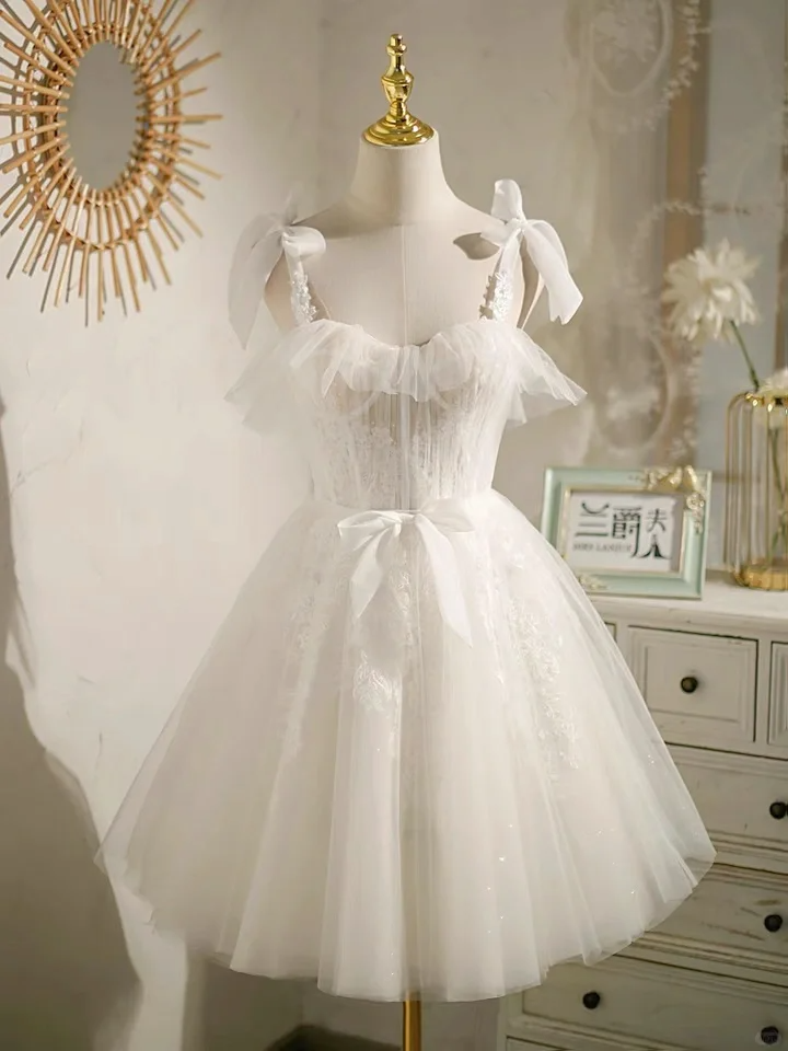 Cute White Tulle Lace A Line Short 18th Princess Birthday Outfits Formal Homecoming Dress - VelvetHem