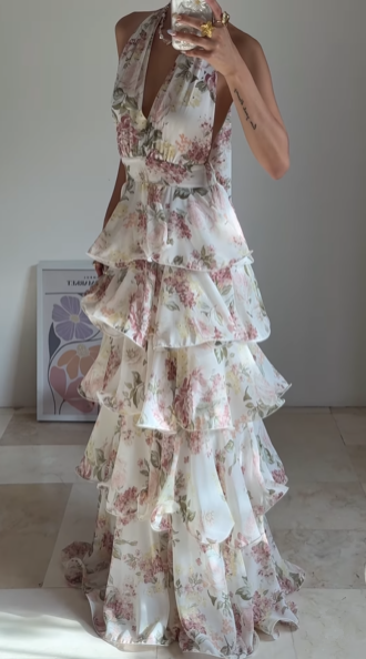 Glamorous Chiffon Print Floral A Line Backless Prom Dress V Neck Halter Layered Evening Dress Y8501 - VelvetHem