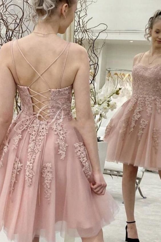 A line Pink lace short prom dress Lace-up Homecoming Dress - VelvetHem