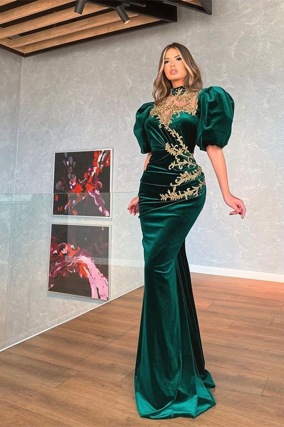 Modern Dark Green Bubble Sleeves Mermaid Prom Dress With Appliques - VelvetHem