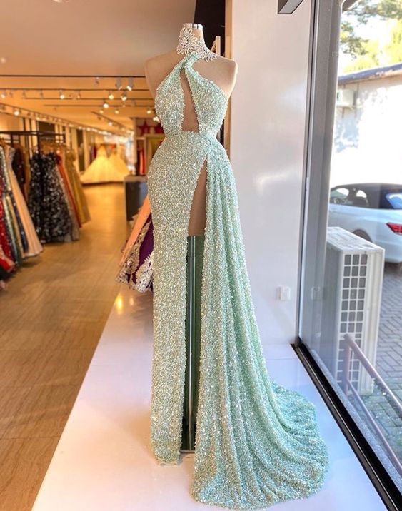 modest sparkly evening dresses long mint green Lace Applique luxury elegant formal evening gown - VelvetHem