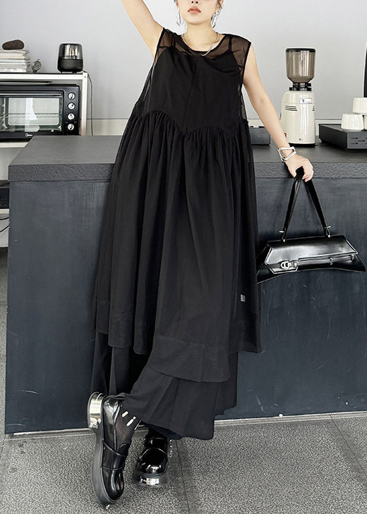Unique Black O Neck Wrinkled Patchwork Cotton Dress Sleeveless