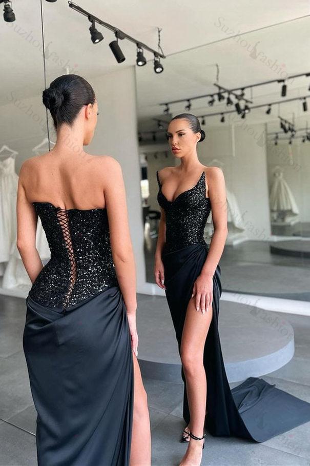 Unique Black special Strapless High-split Lace-up Sequined Evening Prom Dresses