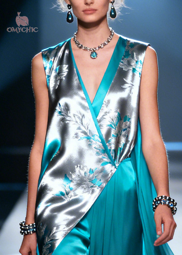 Unique Blue Asymmetrical Design Print Silk Long Dress Summer