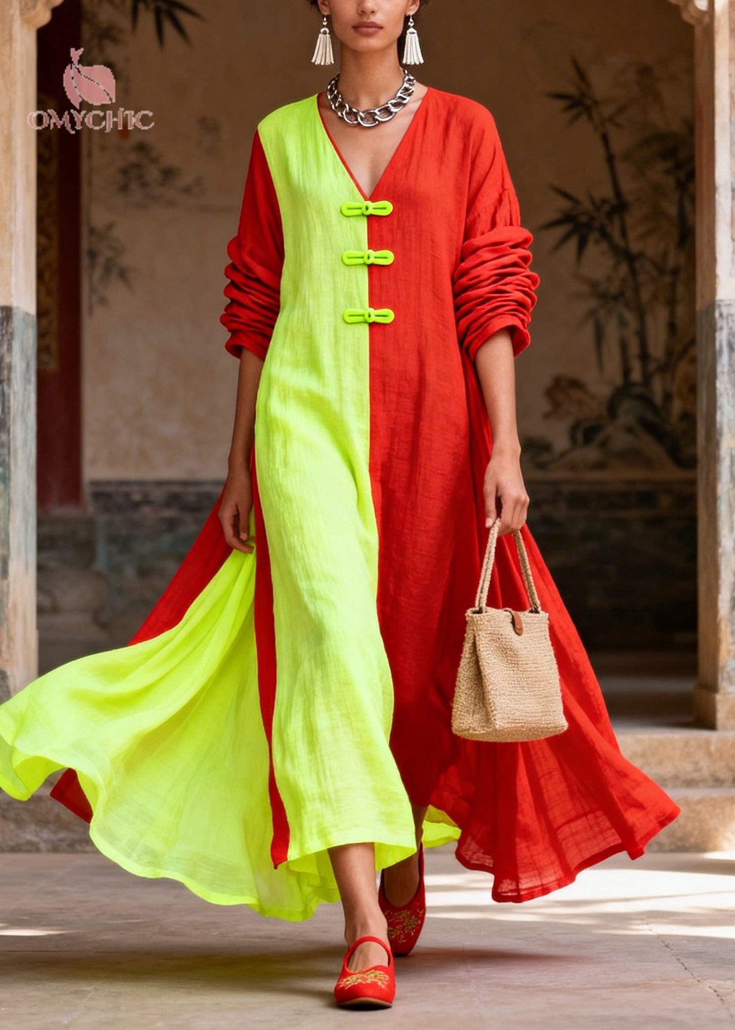 Unique Colorblock Asymmetrical Patchwork Cotton Vacation Dresses Long Sleeve