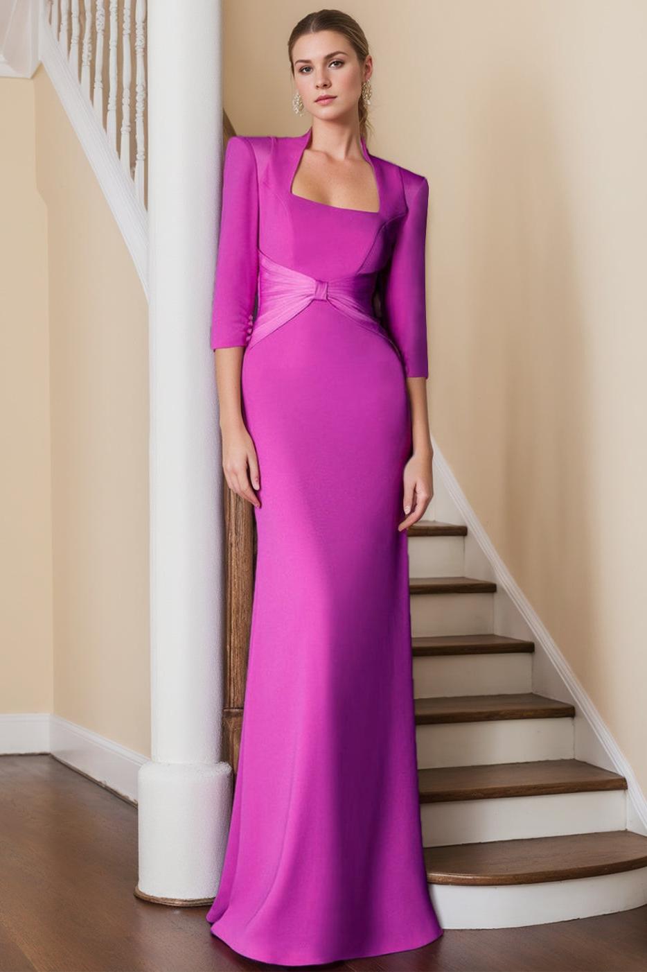 Unique Long Mother of the Bride Dress with Ruffles and 3/4 Sleeves