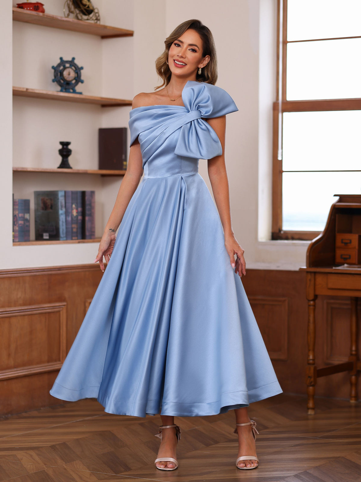 Unique Off the Shoulder A Line Sleeveless Mother of the Bride Dress with Bowknot Ankle Length