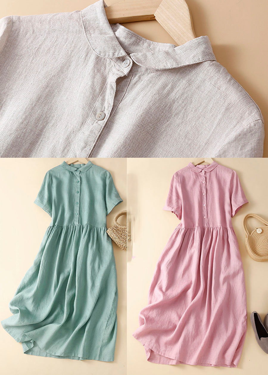 Unique Apricot flowers Peter Pan Collar Wrinkled Linen Holiday Dress Short Sleeve - Omychic