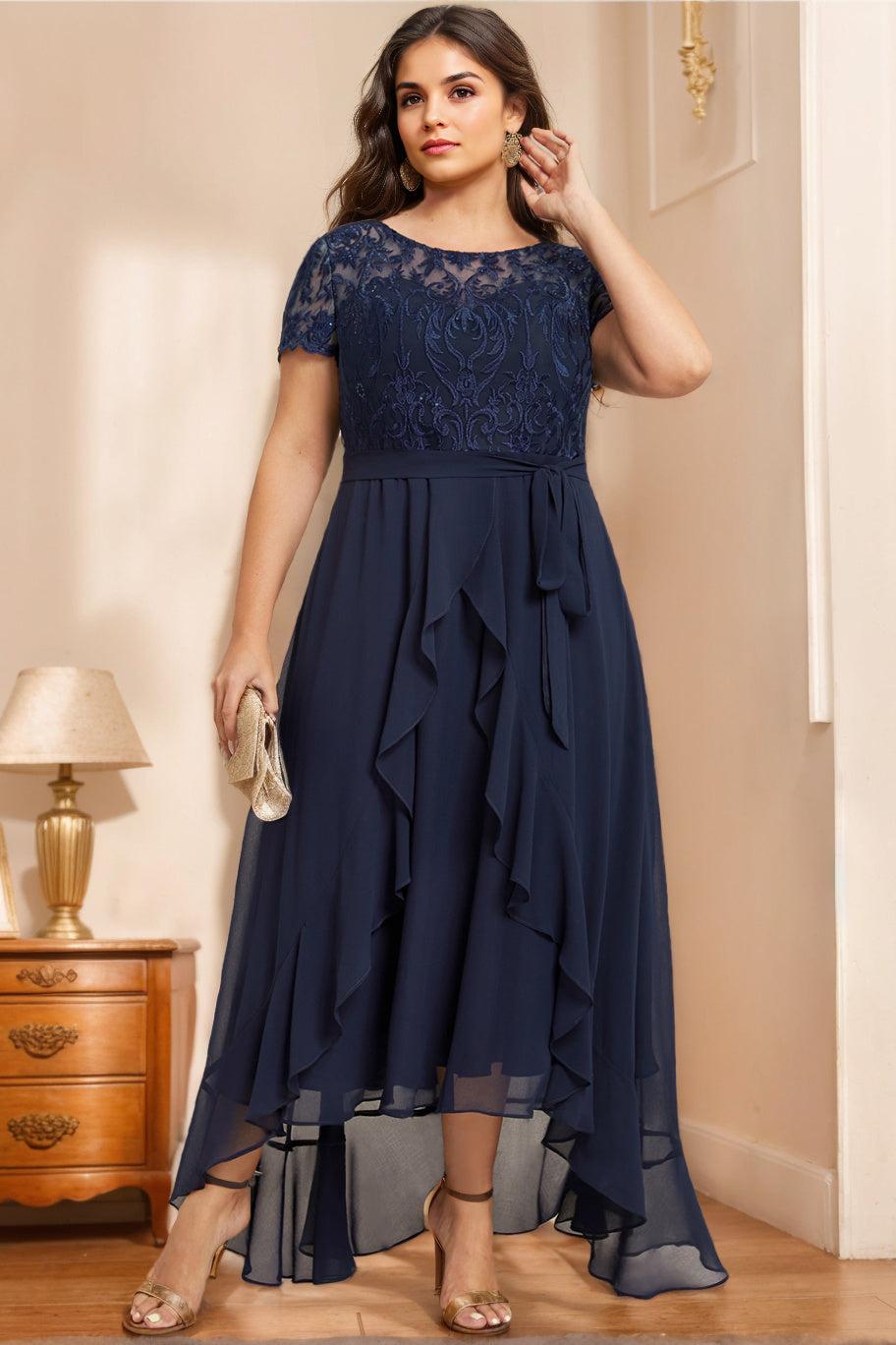 Unique Plus Size Mother of the Bride A Line Dress with Scoop Neck Short Sleeves Bow Ruffles & Sequins