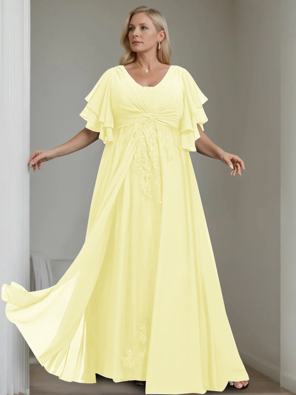 Unique Plus Size V Neck A Line Long Mother of the Bride Dress with Sequins and Half Sleeve Ruffles