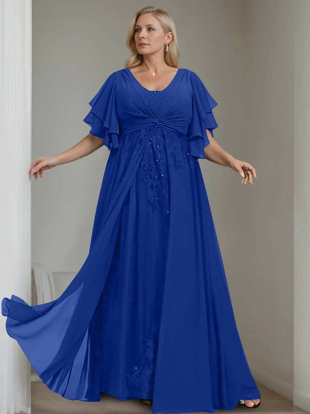 Unique Plus Size V Neck A Line Long Mother of the Bride Dress with Sequins and Half Sleeve Ruffles