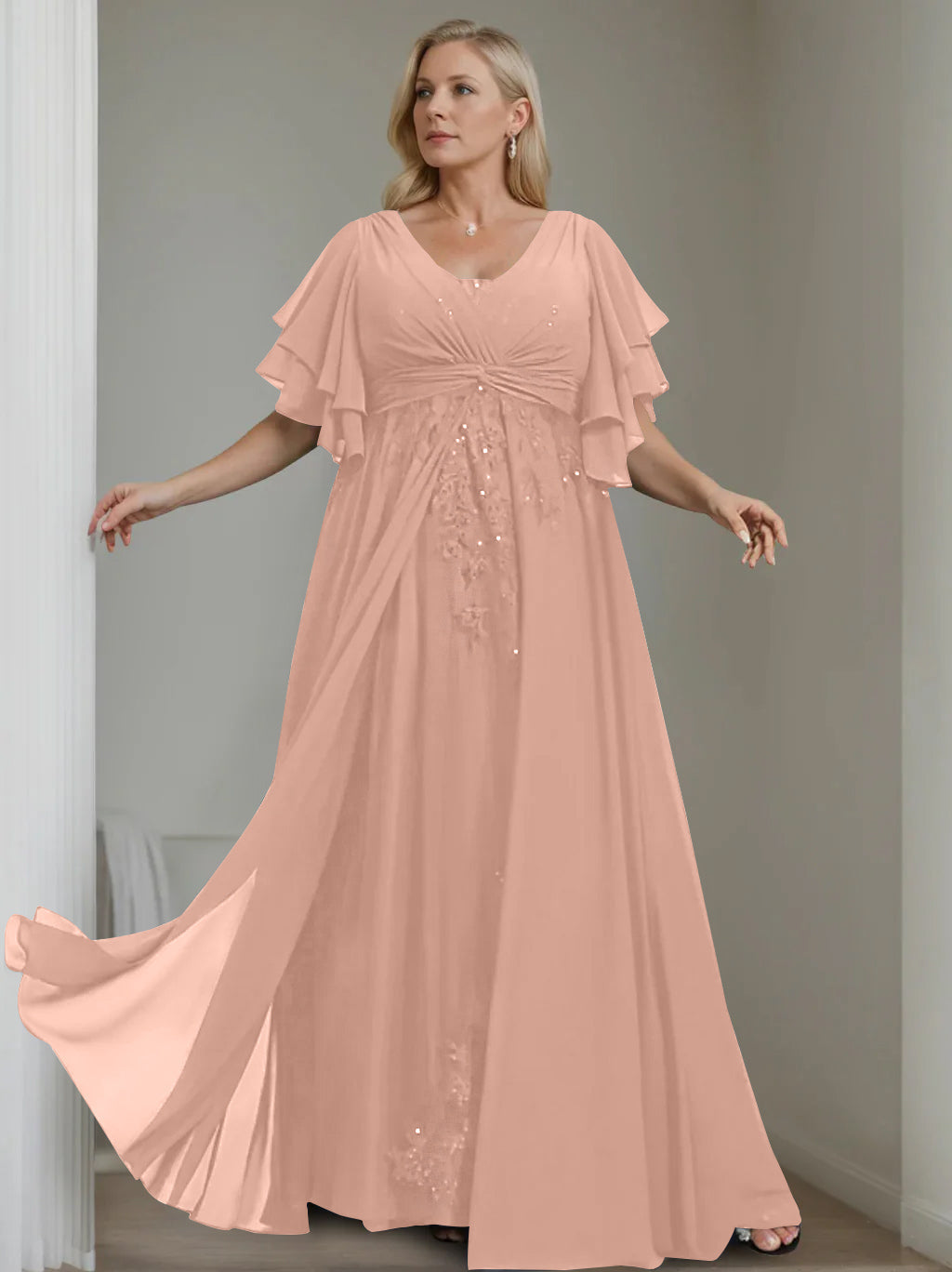 Unique Plus Size V Neck A Line Long Mother of the Bride Dress with Sequins and Half Sleeve Ruffles
