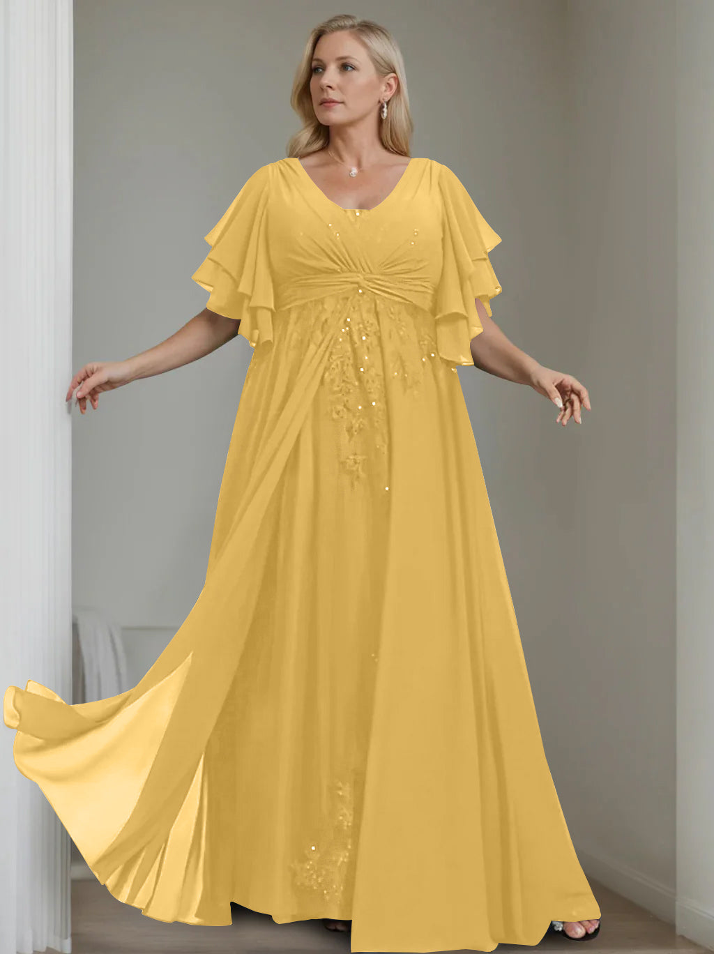 Unique Plus Size V Neck A Line Long Mother of the Bride Dress with Sequins and Half Sleeve Ruffles