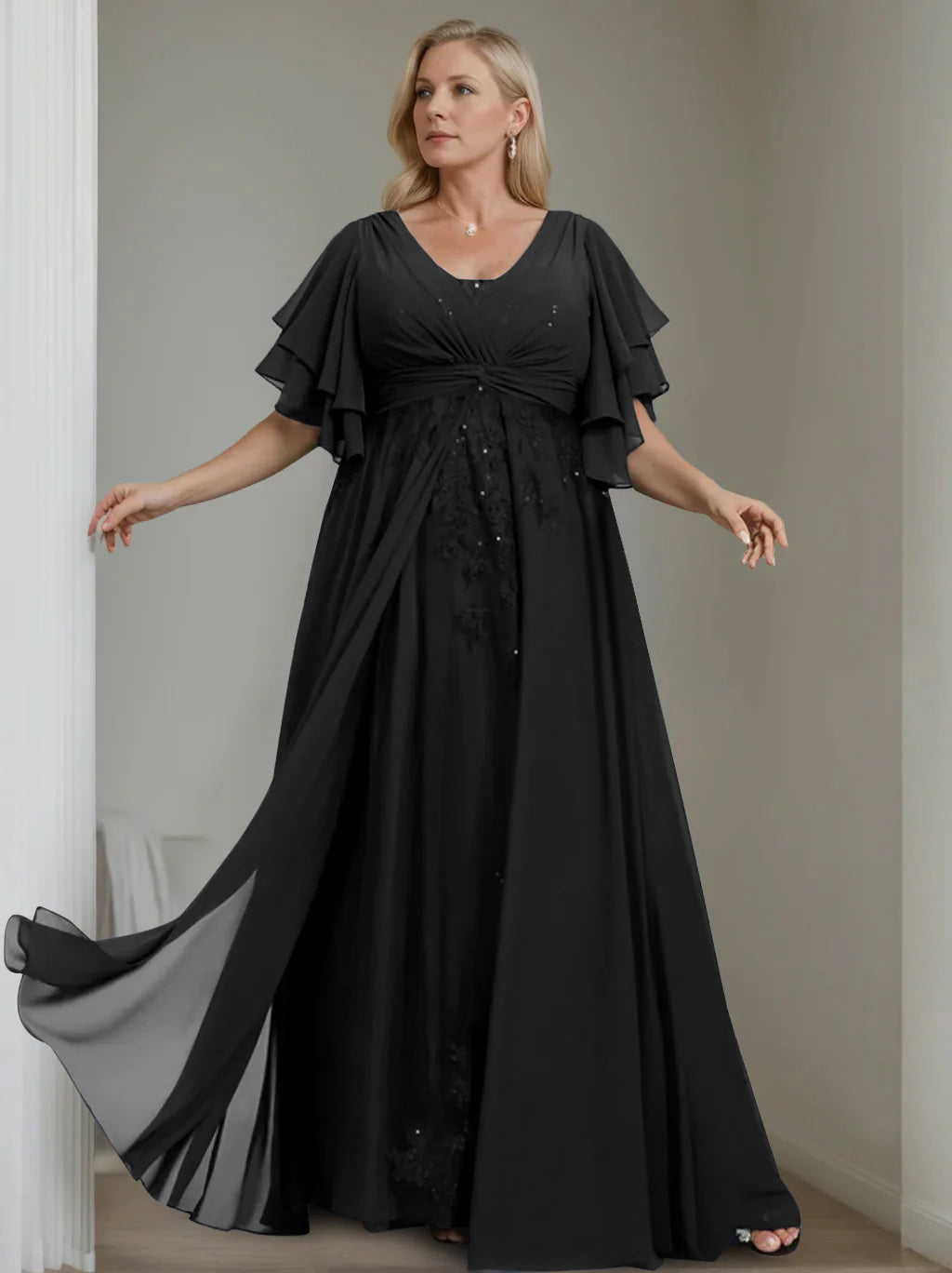 Unique Plus Size V Neck A Line Long Mother of the Bride Dress with Sequins and Half Sleeve Ruffles