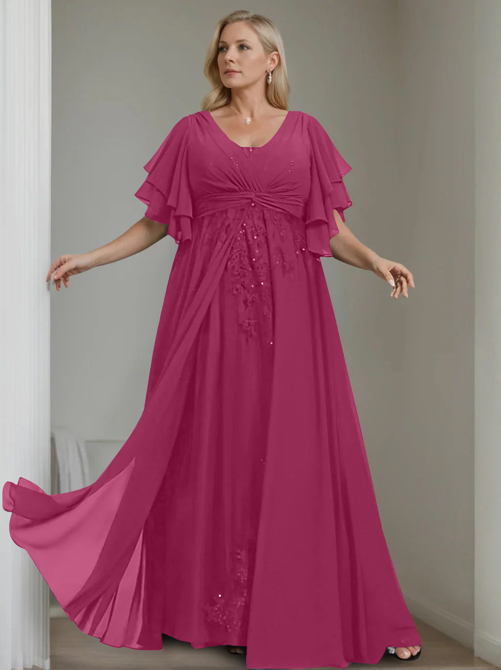 Unique Plus Size V Neck A Line Long Mother of the Bride Dress with Sequins and Half Sleeve Ruffles