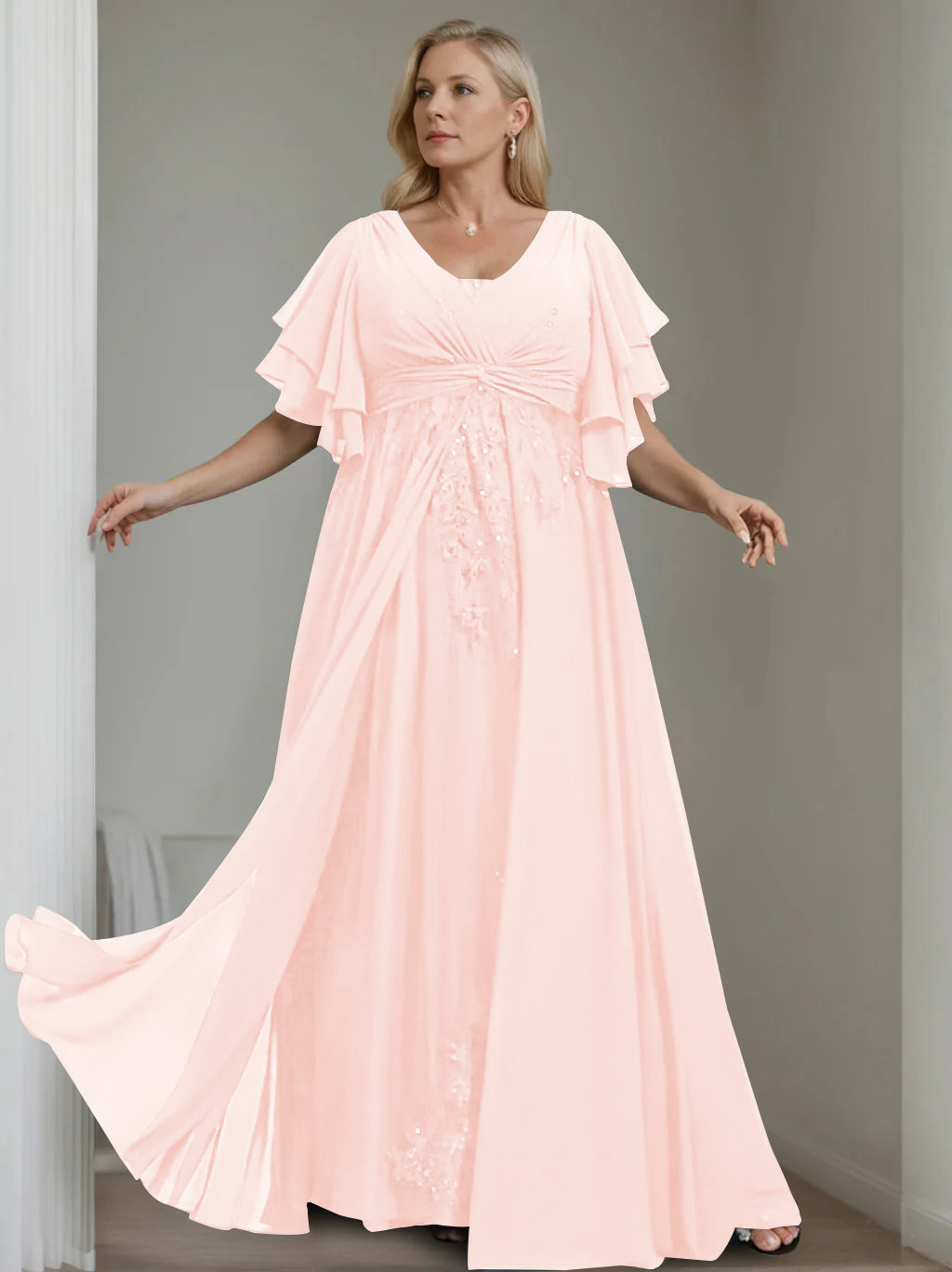 Unique Plus Size V Neck A Line Long Mother of the Bride Dress with Sequins and Half Sleeve Ruffles
