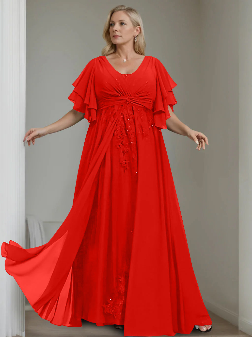 Unique Plus Size V Neck A Line Long Mother of the Bride Dress with Sequins and Half Sleeve Ruffles