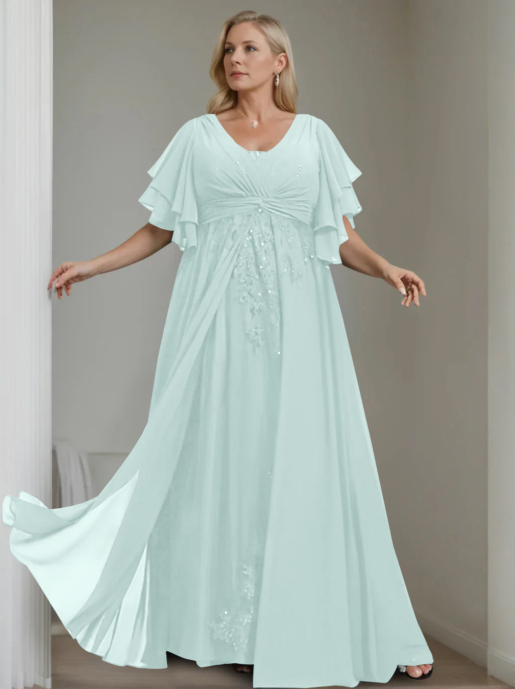 Unique Plus Size V Neck A Line Long Mother of the Bride Dress with Sequins and Half Sleeve Ruffles