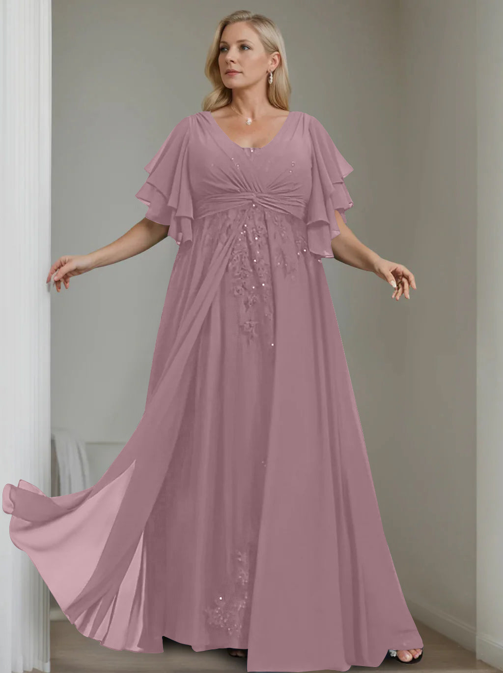Unique Plus Size V Neck A Line Long Mother of the Bride Dress with Sequins and Half Sleeve Ruffles