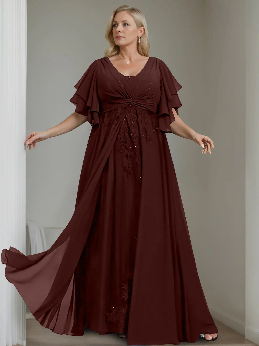 Unique Plus Size V Neck A Line Long Mother of the Bride Dress with Sequins and Half Sleeve Ruffles