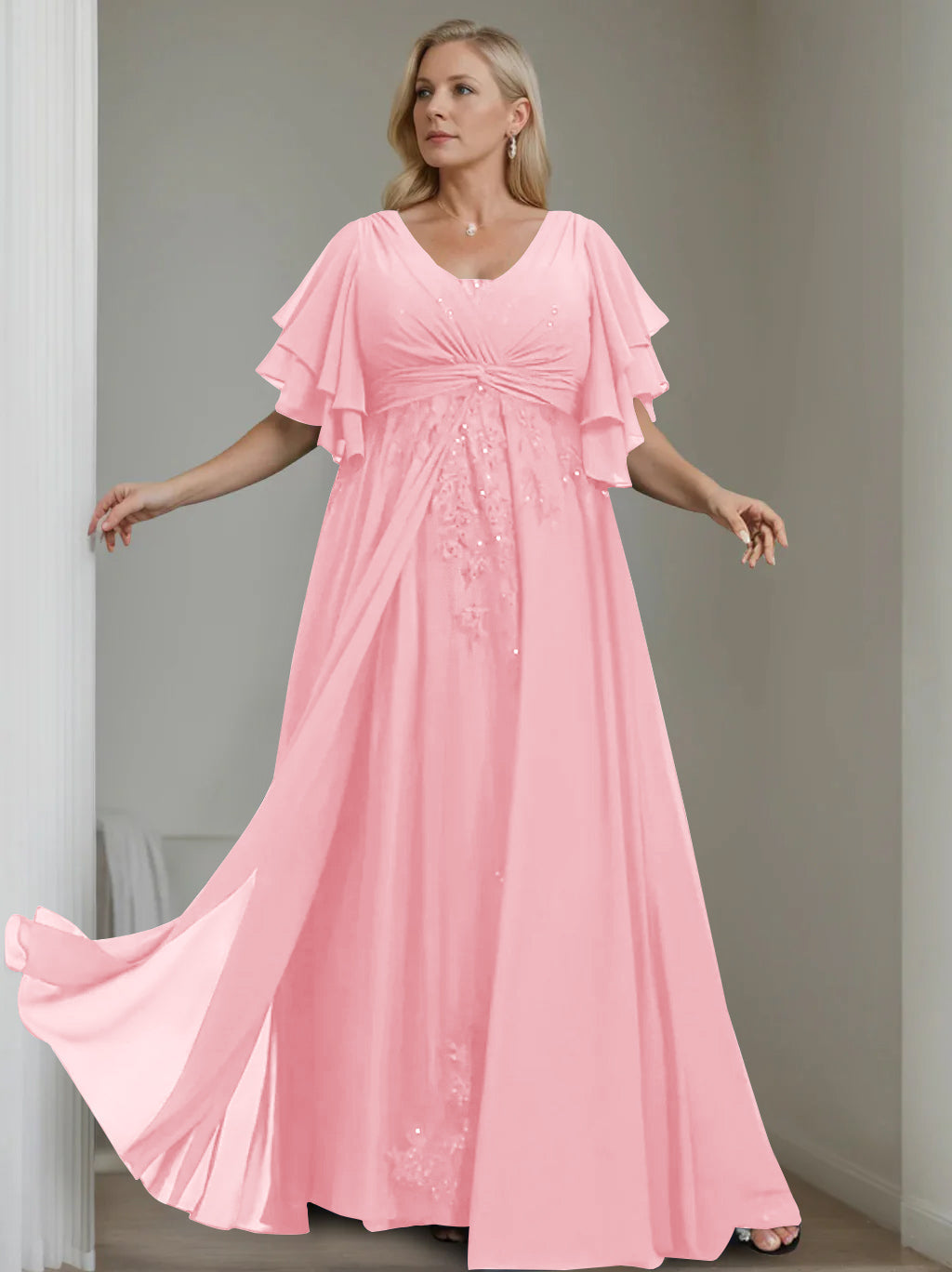 Unique Plus Size V Neck A Line Long Mother of the Bride Dress with Sequins and Half Sleeve Ruffles