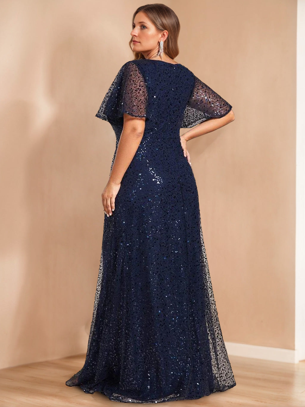 Unique Plus Size V Neck A Line Long Mother of the Bride Dress with Sequins and Short Sleeves