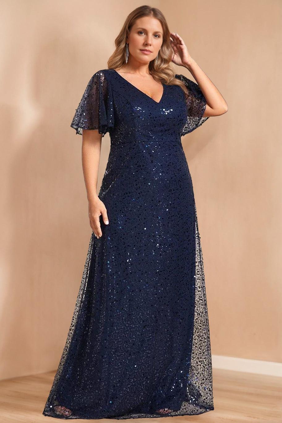 Unique Plus Size V Neck A Line Long Mother of the Bride Dress with Sequins and Short Sleeves