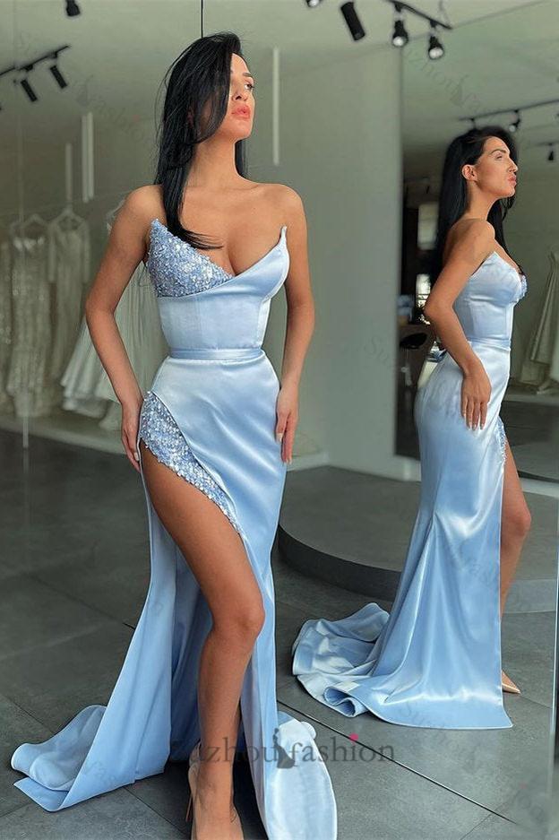 Unique Sky blue Stapless High-split sequined Evening Prom Dresses