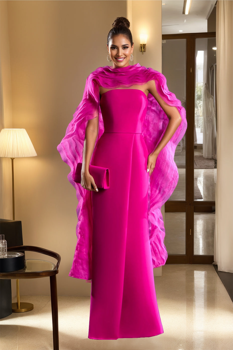 Unique Strapless Sleeveless Long Mother of the Bride Dress with Wraps & Ruffles