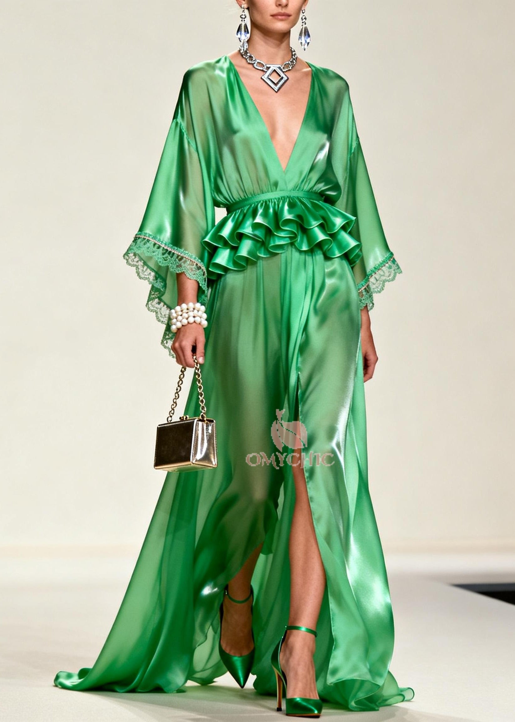 Unique Tea Green solid color Side Open Chiffon Party Dress Summer