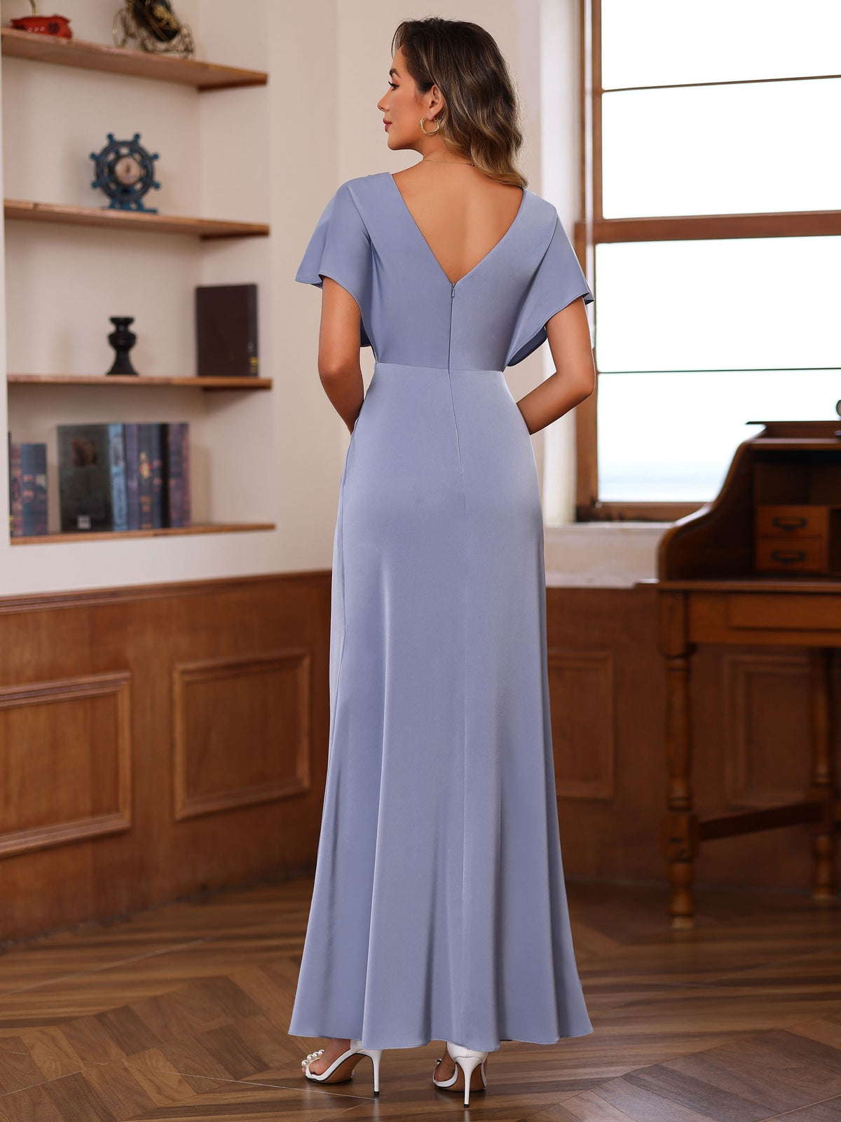 Unique V Neck A Line Long Mother of the Bride Dress with Short Sleeves and Ruffles