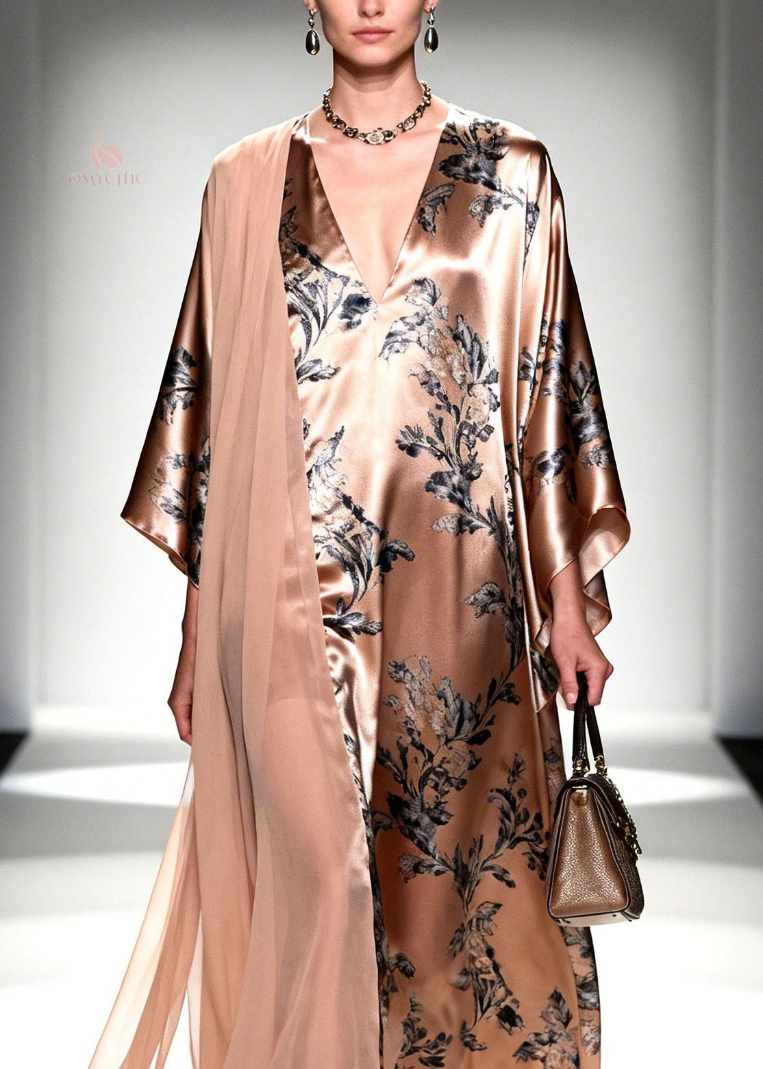 Unique V Neck Print Patchwork Silk Maxi Dresses Spring