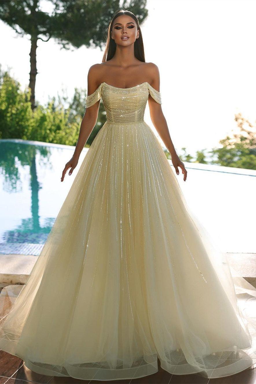 Unique Yellow Off-the-shoulder Sequins Evening Dresses