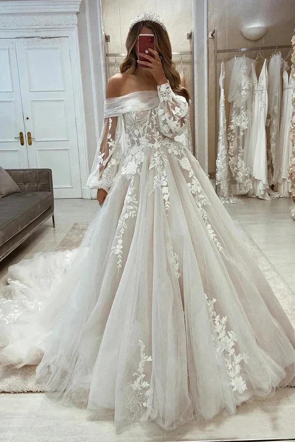 Unique Off the Shoulder Long Sleeves Princess Wedding Dress WD728 by pgmdress