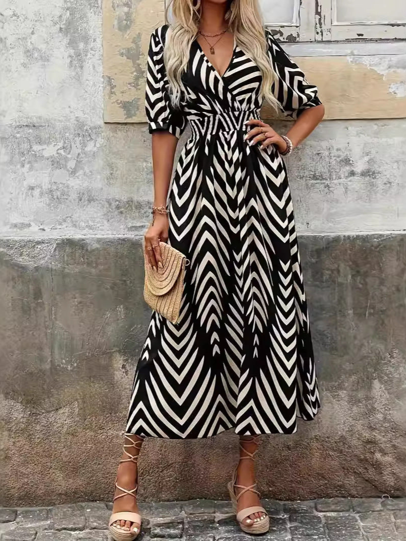 Isabella Minimalist V Neck Dress with Geometric Print Designer Edit