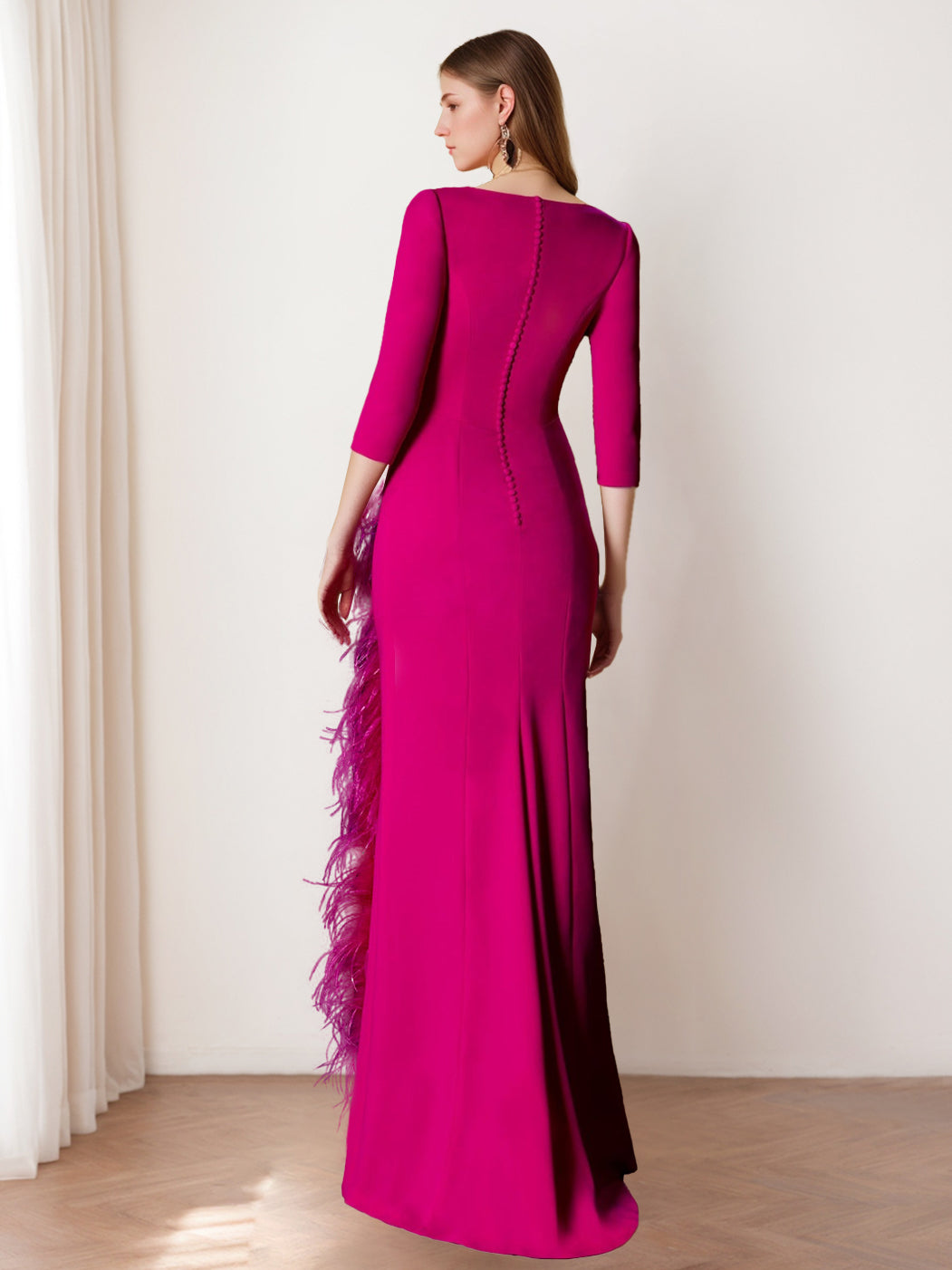 V Neck 3/4 Sleeve Long Mother of the Bride Sheath Dress with Feathers