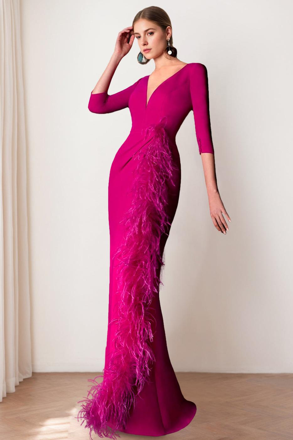 V Neck 3/4 Sleeve Long Mother of the Bride Sheath Dress with Feathers