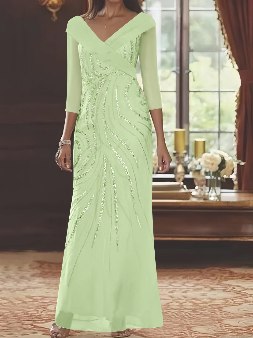 V Neck 3/4 Sleeve Long Sequined Mother of the Bride Sheath Dress