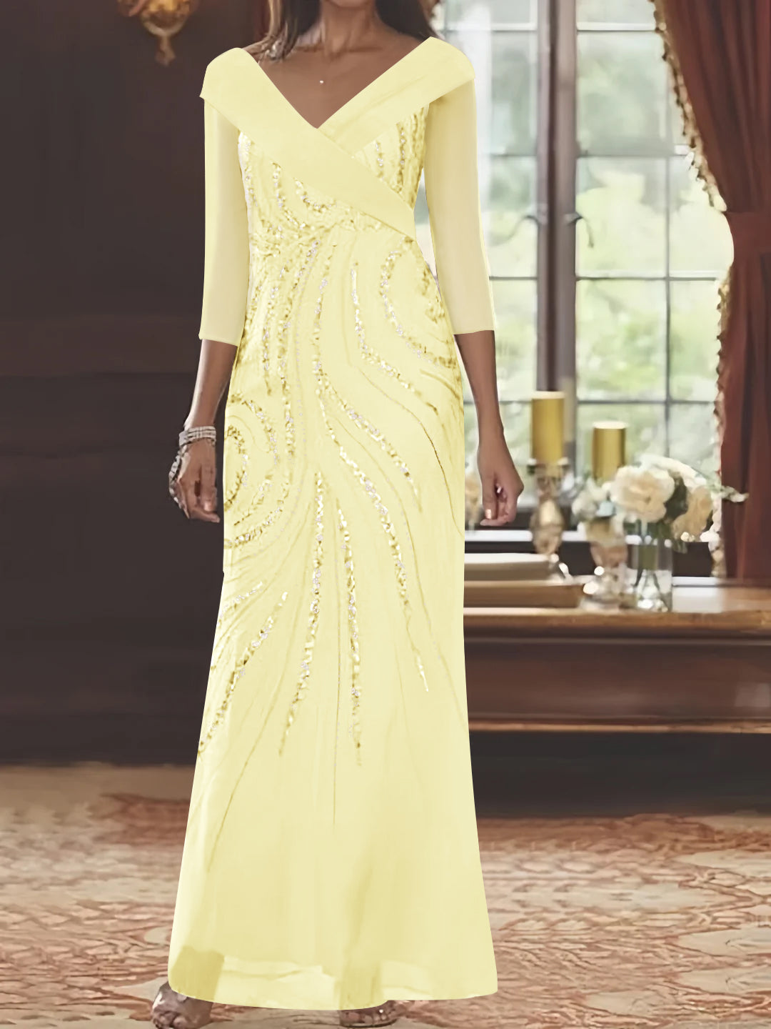 V Neck 3/4 Sleeve Long Sequined Mother of the Bride Sheath Dress