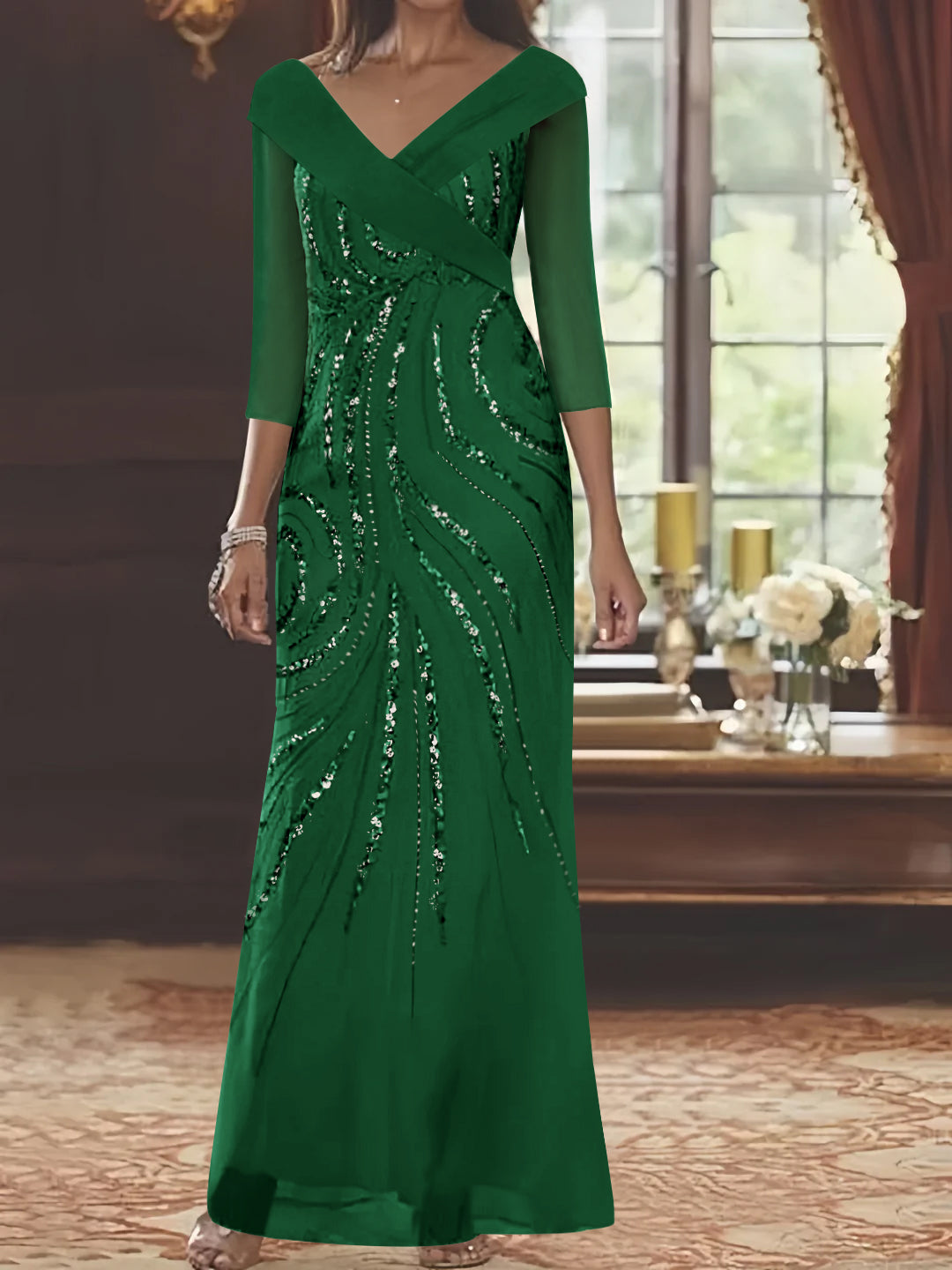 V Neck 3/4 Sleeve Long Sequined Mother of the Bride Sheath Dress