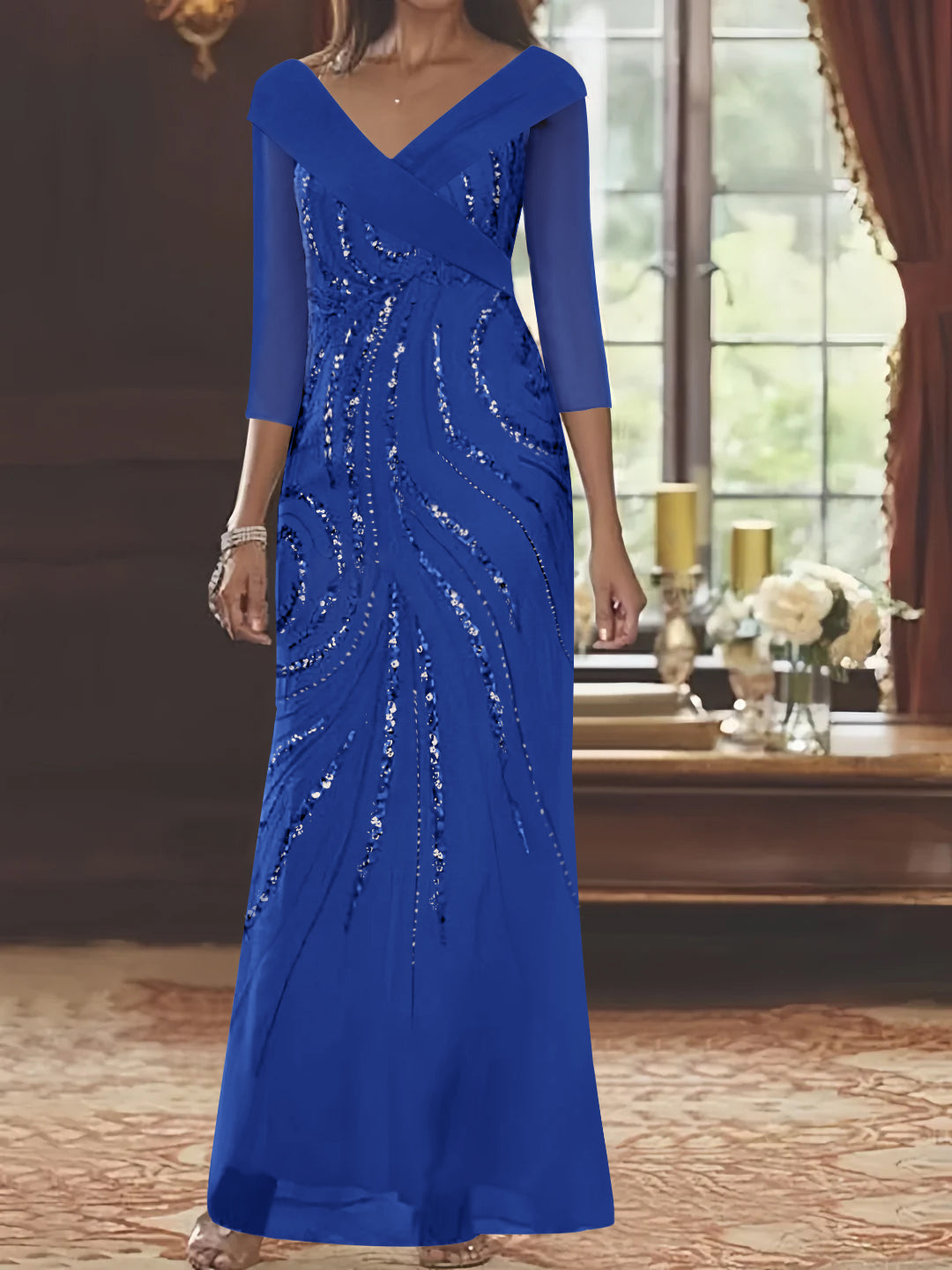 V Neck 3/4 Sleeve Long Sequined Mother of the Bride Sheath Dress