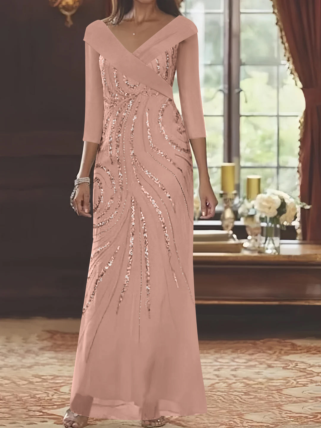 V Neck 3/4 Sleeve Long Sequined Mother of the Bride Sheath Dress