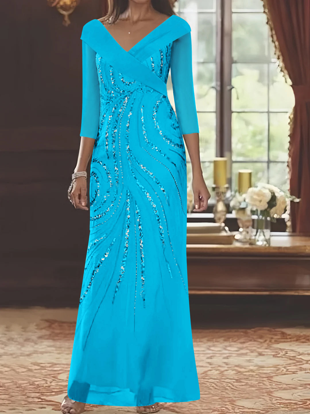 V Neck 3/4 Sleeve Long Sequined Mother of the Bride Sheath Dress