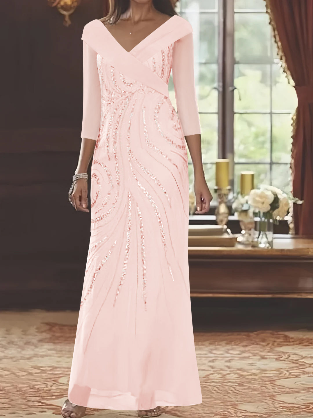 V Neck 3/4 Sleeve Long Sequined Mother of the Bride Sheath Dress