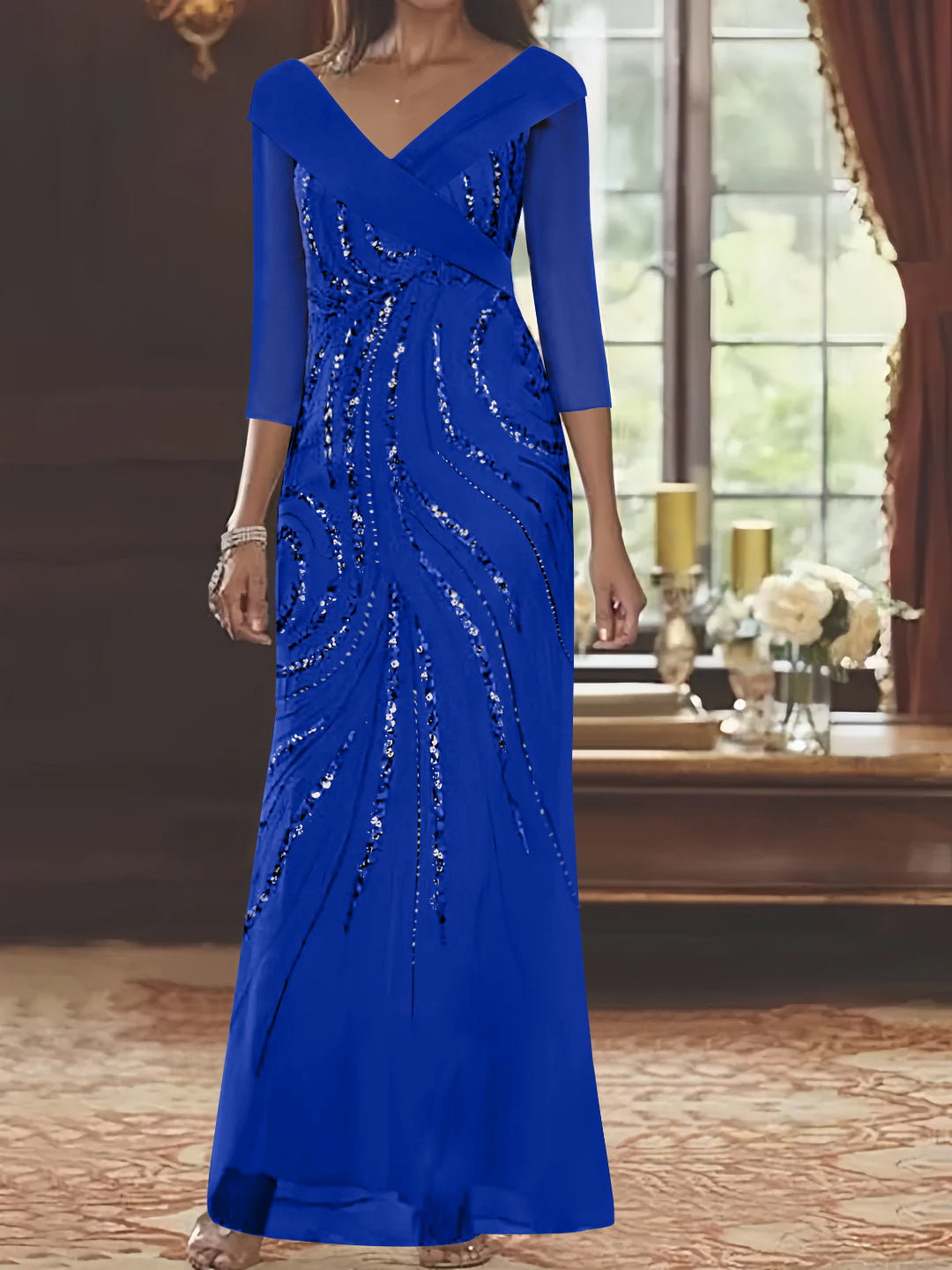 V Neck 3/4 Sleeve Long Sequined Mother of the Bride Sheath Dress