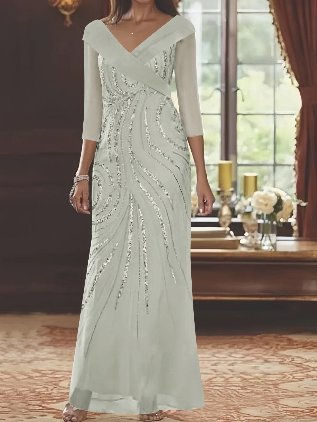 V Neck 3/4 Sleeve Long Sequined Mother of the Bride Sheath Dress