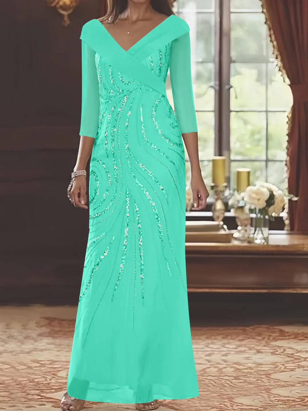 V Neck 3/4 Sleeve Long Sequined Mother of the Bride Sheath Dress